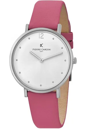 Pierre Cardin Damen schlichte Armband-Uhr analoge Quarz-Uhr mit Leder-Armband 3ATM 39mm CBV.1042 Rosa/Silber