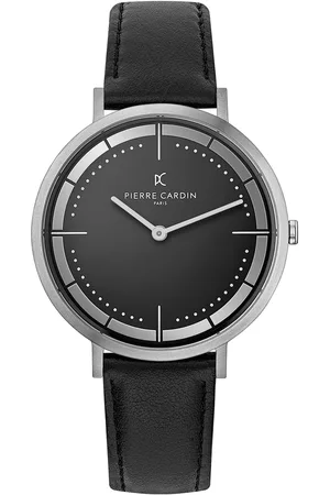 Pierre Cardin Herren analoge Quarz-Uhr mit Leder-Armband Armband-Uhr 3ATM 42mm CBV.1029 Silber/Schwarz