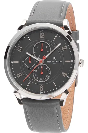 Pierre Cardin Herren Armband-Uhr mit Multi-Ziffernblatt analoge Quarz-Uhr mit Leder-Armband 3ATM 44mm CPI.2025 Grau/Silber