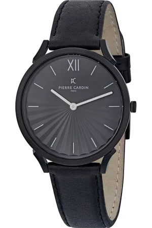 Pierre Cardin Damen Armband-Uhr schlichtes Ziffernblatt analoge Quarz-Uhr mit Leder-Armband 3ATM 40mm CPI.2006 Schwarz