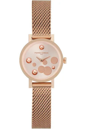 Pierre Cardin Damen Armband-Uhr Ziffernblatt mit goldenen Kreis-Details analoge Quarz-Uhr mit Edelstahl-Armband 3ATM 27mm CCM.0501 Gold