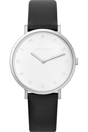 Pierre Cardin Damen Armband-Uhr mit Buchstaben der Marke als Ziffern analoge Quarz-Uhr mit Leder-Armband 3ATM 39mm CBV.1001 Schwarz/Silber/Weiß