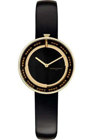 Pierre Cardin Damen Armband-Uhr schlichtes Ziffernblatt analoge Quarz-Uhr mit Leder-Armband 3ATM 33mm CMA.0002 Schwarz/Gold