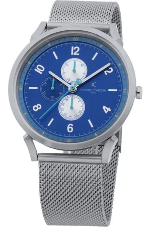 Pierre Cardin Herren Armband-Uhr mit Multi-Ziffernblatt und farblichen Akzenten analoge Quarz-Uhr mit Edelstahl-Armband 3ATM 44mm CPI.2064 Silber/Blau
