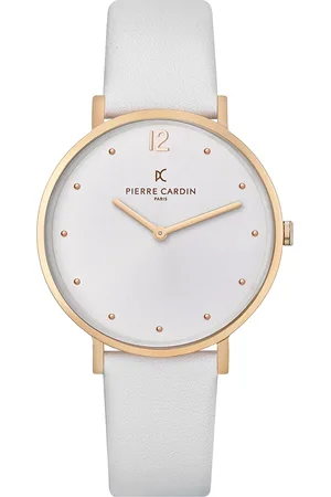 Pierre Cardin Damen schlichte Armband-Uhr analoge Quarz-Uhr mit Leder-Armband 3ATM 39mm CBV.1012 Weiß/Gold