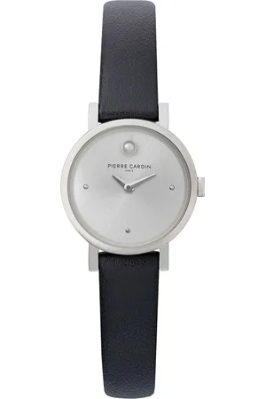 Pierre Cardin Damen Zweizeiger-Armband-Uhr Ziffernblatt mit silbernen Kreis-Details analoge Quarz-Uhr mit Leder-Armband 3ATM 27mm CCM.0504 Silber/Schwarz