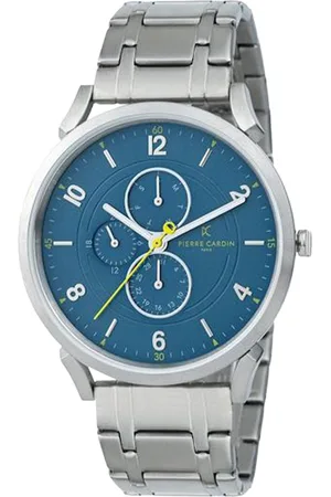 Pierre Cardin Herren Armband-Uhr mit Multi-Ziffernblatt analoge Quarz-Uhr mit Edelstahl-Armband 3ATM 44mm CPI.2056 Silber/Blau