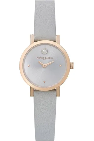 Pierre Cardin Damen Zweizeiger-Armband-Uhr Ziffernblatt mit silbernen Kreis-Details analoge Quarz-Uhr mit Leder-Armband 3ATM 27mm CCM.0506 Grau/Rose-Gold