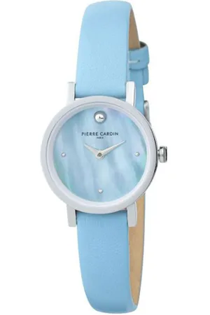 Pierre Cardin Damen sommerliche Zweizeiger-Armband-Uhr Ziffernblatt mit silbernen Kreis-Details analoge Quarz-Uhr mit Leder-Armband 3ATM 27mm CCM.0521 Blau/Silber