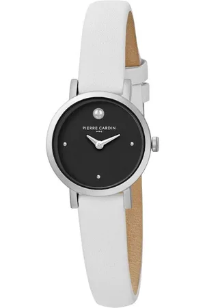Pierre Cardin Damen Zweizeiger-Armband-Uhr Ziffernblatt mit silbernen Kreis-Details analoge Quarz-Uhr mit Leder-Armband 3ATM 27mm CCM.0505 Weiß/Schwarz/Silber