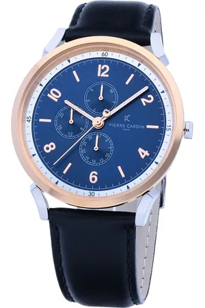Pierre Cardin Herren Armband-Uhr mit farblichem Multi-Ziffernblatt analoge Quarz-Uhr mit Leder-Armband 3ATM 44mm CPI.2063 Schwarz/Silber/Blau/Rosegold