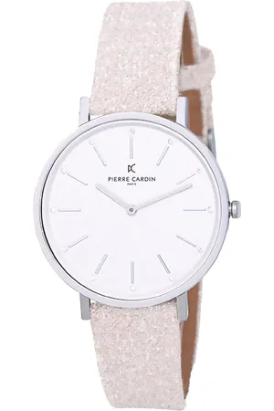 Pierre Cardin Damen Armband-Uhr schlichtes Ziffernblatt analoge Quarz-Uhr glitzerndes Leder-Armband 3ATM 36mm CBV.1115 Silber