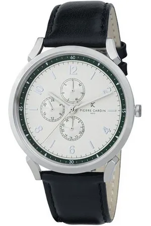 Pierre Cardin Herren Armband-Uhr mit Multi-Ziffernblatt analoge Quarz-Uhr mit Leder-Armband 3ATM 44mm CPI.2062 Schwarz/Silber/Grün