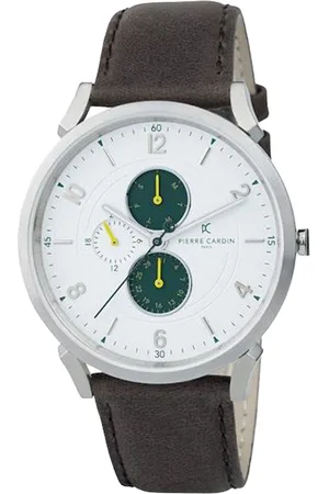 Pierre Cardin Herren Armband-Uhr mit Multi-Ziffernblatt analoge Quarz-Uhr mit Leder-Armband 3ATM 44mm CPI.2057 Silber/Braun/Grün