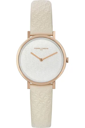 Pierre Cardin Damen Armband-Uhr mit Marken-Kürzel-Print analoge Quarz-Uhr mit Leder-Armband 3ATM 32mm CBV.1500 Beige/Rose-Gold