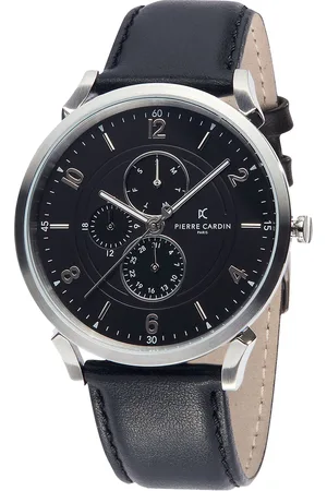 Pierre Cardin Herren Armband-Uhr mit Multi-Ziffernblatt analoge Quarz-Uhr mit Leder-Armband 3ATM 44mm CPI.2023 Schwarz/Silber