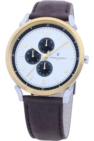 Pierre Cardin Herren Armband-Uhr mit Multi-Ziffernblatt analoge Quarz-Uhr mit Leder-Armband 3ATM 44mm CPI.2061 Braun/Gold/Silber