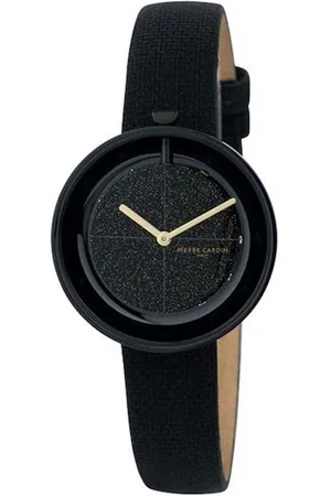 Pierre Cardin Damen Armband-Uhr mit Glitzer im Ziffernblatt analoge Quarz-Uhr mit Leder-Armband 3ATM 32mm CMA.0011 Schwarz/Gold