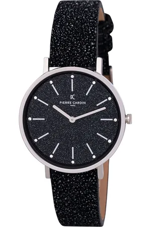 Pierre Cardin Damen Armband-Uhr mit Glitzer-Armband und Strasssteinen im Ziffernblatt analoge Quarz-Uhr mit Leder-Armband 3ATM 36mm CBV.1117 Schwarz/Silber