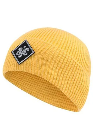 AJC Beanie schlichte Winter-Mütze gemütliche Strick-Beanie mit gesticktem Logo-Patch 2375 0838 Gelb