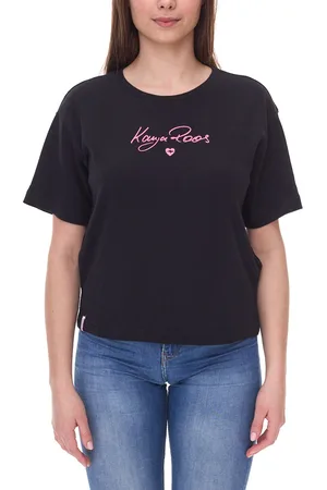 KangaROOS Damen Baumwoll-Shirt mit Schriftzug im Handschrift-Look T-Shirt Kurzarm-Shirt 60933934 Schwarz
