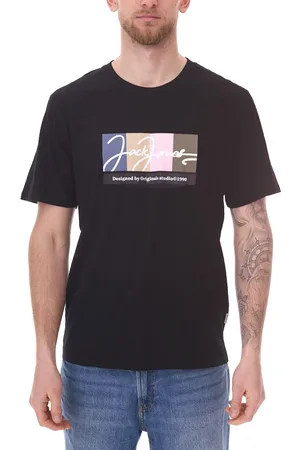 JACK & JONES Herren Rundhals-Shirt Baumwoll-Shirt T-Shirt mit farblichen Akzenten Kurzarm-Shirt 12262662 Schwarz