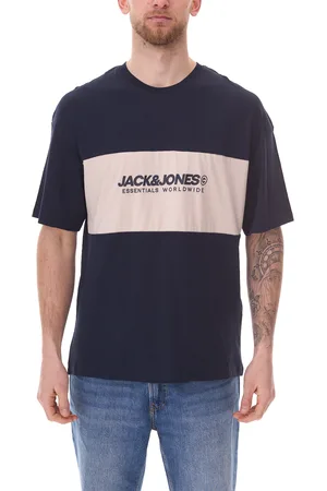 JACK & JONES Herren Rundhals-Shirt Baumwoll-Shirt T-Shirt Kurzarm-Shirt 12258883 Dunkelblau//Beige