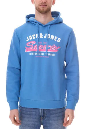 JACK & JONES Herren Kapuzen-Pullover Baumwoll-Pullover mit Superior Schriftzug Langarm-Shirt 12255617 Hellblau