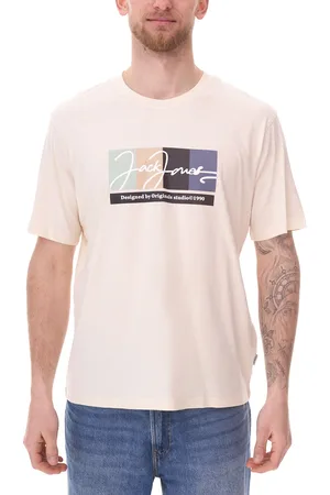 JACK & JONES Herren Rundhals-Shirt Baumwoll-Shirt T-Shirt mit farblichen Akzenten Kurzarm-Shirt 12262662 Beige