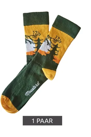 Moustard 1 Paar Samurai Baumwoll-Socken mit Silhouette eines Samurai Kämpfers gemusterte lange Strümpfe 22S-SAMU Gelb/Orange/Weiß