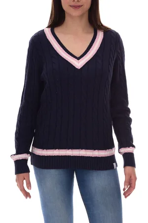DELMAO Damen Stick-Pullover im College-Look mit Flechtmuster Langarm-Pulli 83005351 Dunkelblau