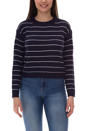 VERO MODA VMSTORM Damen Strick-Pullover gestreifter Rundhals-Sweater 57501916 Dunkelblau/Weiß