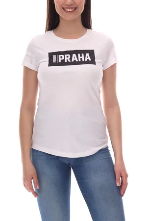 PUMA City Damen Baumwoll-Shirt mit Praha/Prag Schriftzug Kurzarm-Shirt Rundhals-Shirt 575957 20 Weiß/Schwarz