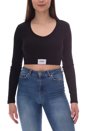 Sixth June V-Neck Damen Crop-Top mit elastischem Band und Label-Patch Langarm-Top geripptes Sommer-Shirt W34113KTO Schwarz
