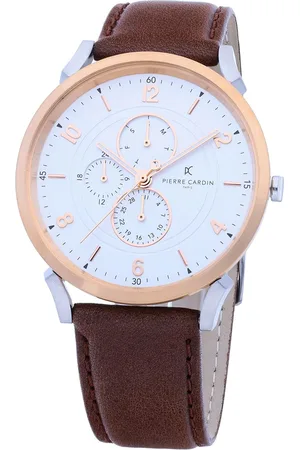 Pierre Cardin Herren Armband-Uhr mit Multi-Ziffernblatt analoge Quarz-Uhr mit Leder-Armband 3ATM 44mm CPI.2060 Braun/Rosegold/Silber