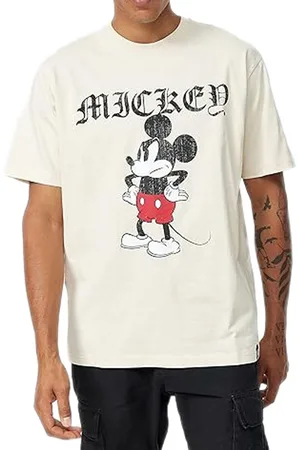 RE: X Disney Herren T-Shirt mit Grumpy Mickey Mouse Print Baumwoll-Shirt mit großem Schriftzug Rundhals-Shirt MMDIS2690 Beige