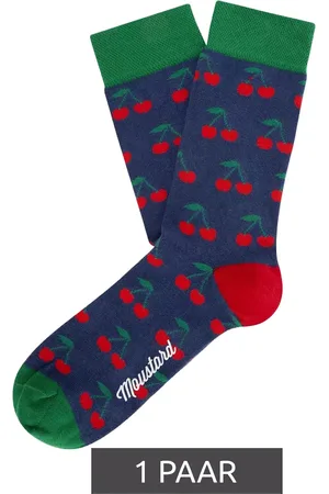 Moustard 1 Paar Cherries Herren Baumwoll-Socken mit Kirschen Allover-Print gemusterte lange Strümpfe 17S-CHERR-M Grün/Rot/Dunkelblau