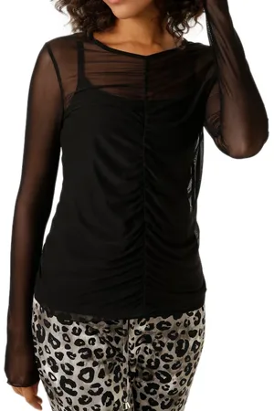 Aniston CASUAL Damen Langarm-Shirt durchsichtiger Alltags-Pullover mit V-Ausschnitt Sommer-Shirt 90880825 Schwarz