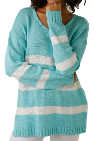 Aniston CASUAL Damen Strick-Pullover mit Baumwollanteil Alltags-Pullover Langarm-Shirt 78647339 Türkis/Weiß