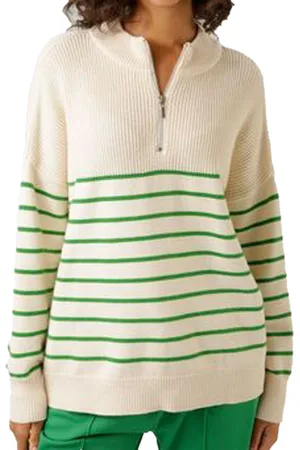 Aniston CASUAL Damen Troyer Langarm-Pullover mit Reißverschluss und Stehkragen 67107403 Beige/Grün