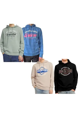JACK & JONES Herren Kapuzen-Pullover Baumwoll-Pullover mit Schriftzug Langarm-Shirt 12255617 Beige, Hellblau, Lindgrün oder Schwarz