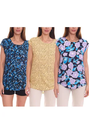 Tamaris Damen Kurzarm-Bluse mit Allover Muster ärmelloses Sommer-Shirt Gelb, Schwarz/Blau oder Blau/Lila