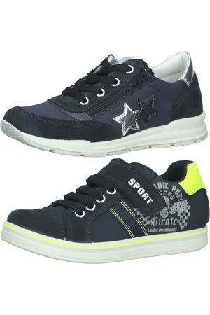Bama Kinder Sneaker Echtleder-Schuhe mit Wechselfußbett Alltags-Schuhe mit Klettverschluss oder Reißverschluss Blau/Gelb oder Blau/Silber