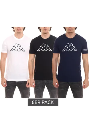 Kappa 6er Pack Herren Baumwoll-Shirt Rundhals-Shirt mit großem Logo-Patch Kurzarm-Shirt Blau, Schwarz oder Weiß