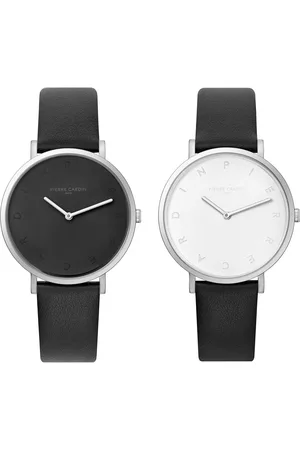 Pierre Cardin Damen Armband-Uhr mit Buchstaben der Marke als Ziffern analoge Quarz-Uhr mit Leder-Armband 3ATM 39mm CBV.100 Schwarz/Weiß/Silber oder Schwarz/Silber