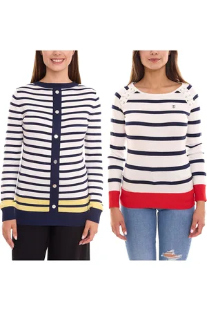 DELMAO Damen Langarm-Shirt gestreiftes Rundhals-Sweatshirt mit Schnürung oder Knöpfen Blau/Weiß/Rot oder Blau/Weiß
