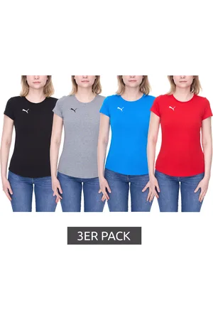PUMA 3er Pack TeamGoal23 Damen T-Shirt Sport-Shirt Baumwoll-Shirt mit Logo-Patch Fitness-Shirt 657085 Grau, Rot, Blau oder Schwarz