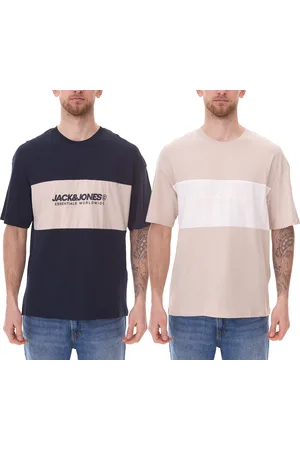 JACK & JONES Herren Rundhals-Shirt Baumwoll-Shirt T-Shirt Kurzarm-Shirt 12258883 Beige/Weiß oder Dunkelblau/Beige