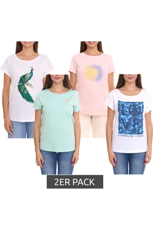 AJC 2er Sparpack Damen T-Shirt mit verschiedenen Prints kurzärmliges Sommer-Shirt Baumwolle Mint, Rosa oder Weiß