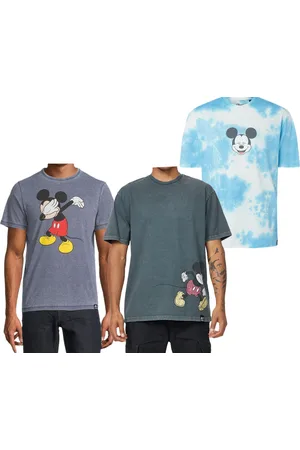 RE: X Disney Herren T-Shirt mit Mickey Mouse Print Baumwoll-Shirt im Batik Look Rundhals-Shirt Dunkelblau, Blau Batik oder Grau